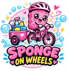 Sponge on Wheels logo — Spongie the pink sponge cycling with a trailer of cleaning supplies