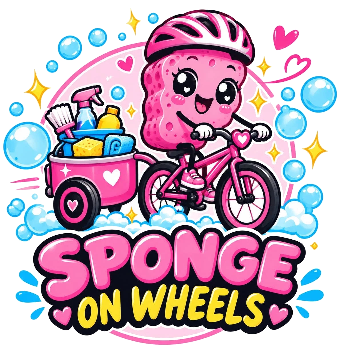 Spongie, our mascot, cycling with a trailer of eco cleaning supplies